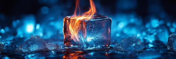 This captivating image of an ice cube in vibrant flames highlights the dramatic contrast between cool ice and intense fire, creating an intriguing visual experience that captivates the viewer photo