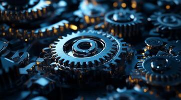 This is a very detailed closeup view of interlocked blue metal gears, effectively symbolizing teamwork, collaboration, machinery, and the complex and intricate workings of mechanical systems photo