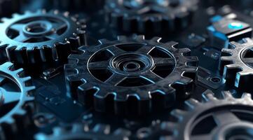 A closeup view of blue metal gears highlights intricate mechanisms, emphasizing the importance of machinery mechanics and teamwork in boosting productivity in industrial settings photo