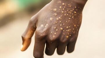 This is a visual illustration depicting a human hand exhibiting signs of monkeypox infection, characterized by a distinctive rash and unique spots that are indicative of the viral infection photo
