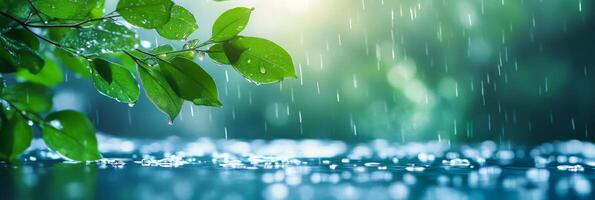 A serene scene with gentle rain falling on vibrant green leaves, creating a tranquil atmosphere filled with soothing sounds and beautifully blurred natural elements in the background photo