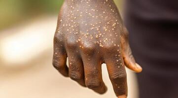 An informative image that effectively showcases various hand symptoms associated with monkeypox, highlighting the distinctive lesions present on the surface of the skin in a detailed manner photo