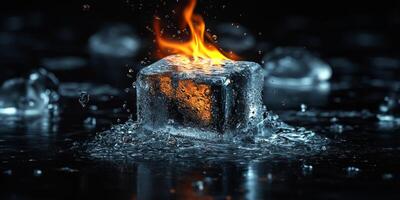 An ice cube engulfed in vibrant flames showcases the striking contrast between fire and ice, highlighting the captivating interactions of diverse elements and their remarkable effects photo