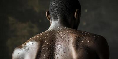 This is a highly detailed closeup shot that emphasizes a persons back, revealing visible and distinct monkeypox rash patterns, showcasing the texture and severity of the condition in question photo