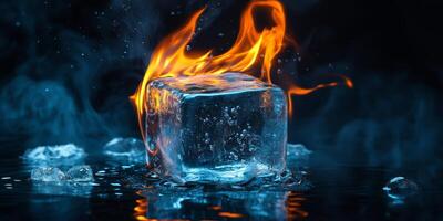 This stunning image features a solitary ice cube against vibrant flames, showcasing the dramatic contrast between fire and ice in a compelling visual display that captures viewers attention photo