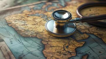Explore the global interconnection of health care systems, symbolized by a stethoscope on a world map, highlighting vital health initiatives that enhance wellbeing and access across continents photo