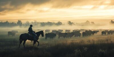 An experienced cowboy rides his trusty horse, skillfully guiding a herd of cattle across a vast pasture at dawn, capturing the essence of ranch life and the stunning beauty of nature photo