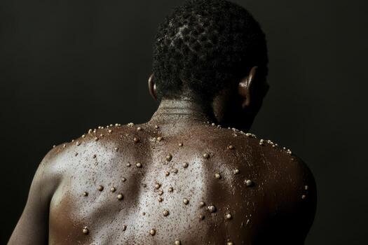 This is a detailed closeup view of the back of a person, where one can see distinct signs of monkeypox rash clearly, demonstrating the unique texture and appearance of the various lesions present photo