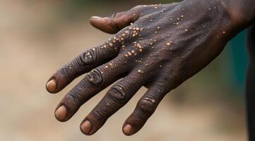 This image clearly depicts a hand that displays alarming signs of a monkeypox virus infection, which is characterized by various lesions and bumps that signify the illness progression photo