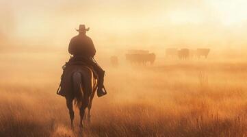 As the sun rises, a skilled cowboy rides his trusty horse, guiding a herd of cattle through a calm, misty field, embodying the peaceful essence of rural life and tradition in this pastoral landscape photo