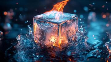 An ice cube engulfed in flames creates a striking contrast, showcasing the dynamic interplay between fire and ice, capturing their opposing energies and the incredible aesthetics of this phenomenon photo
