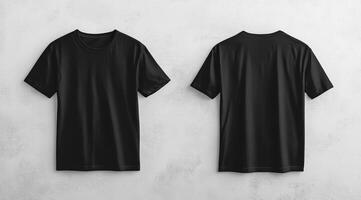 A mockup that prominently features a simple, plain black tshirt elegantly displayed against a clean, white wall, showcasing both front and back views for various design purposes and evaluations photo