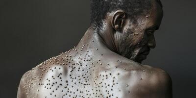 A closeup view showcasing a back covered in monkeypox rash, highlighting the texture and severity of the condition photo