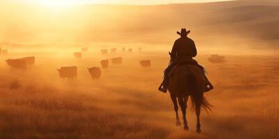 A striking silhouette of a rugged cowboy skillfully riding atop his trusty horse leads a large herd of cattle through a beautiful, shimmering golden landscape enveloped in mist at the break of dawn photo