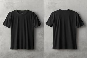 This mockup displays an elegant black blank tshirt on a clean white wall, showcasing detailed front and back views for exploring various design and customization options for your projects photo