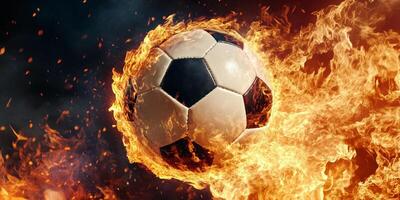 A visually striking image of a soccer ball engulfed in flames, showcasing dynamic energy and excitement photo