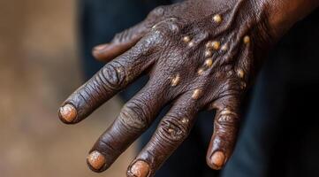 This image very clearly illustrates concerning signs of monkeypox on an individuals hand, which include noticeable skin lesions along with texture changes that are typical of this specific disease photo