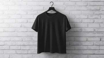 A stylish black tshirt elegantly displayed on a hanger, making it a perfect choice for fashion or clothing marketing photo