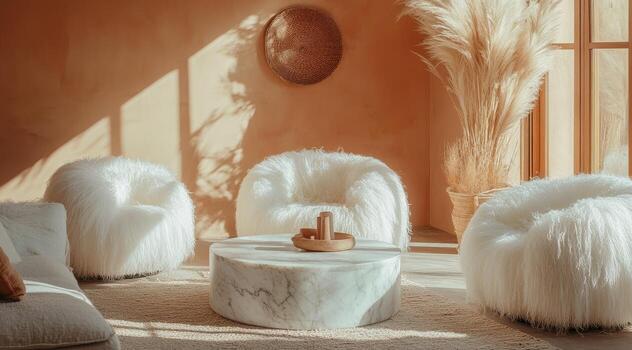 esta es un elegante y moderno vivo habitación ese caracteristicas felpa asientos, un mármol café mesa, y un paleta de calentar terroso tonos, todas contribuyendo a un acogedor y atractivo atmósfera dónde uno lata relajarse foto