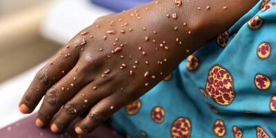 The image prominently displays a human hand exhibiting clear signs and symptoms of a monkeypox infection, which is characterized by raised lesions that are visibly noticeable on the skin surface photo