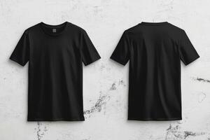 This highquality mockup features a black blank tshirt against a white wall, displaying both front and back views to assist in visualizing design placements for your artwork and branding photo