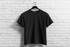 A sleek and stylish black tshirt is elegantly displayed on a hanger, set against a textured, rustic brick wall photo
