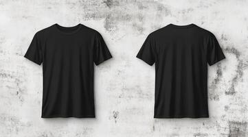 This black tshirt mockup shows front and back views against a textured white wall, ideal for showcasing your designs and enhancing your brands visual identity to stand out in the market photo