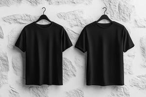 This highquality mockup features a stylish black blank tshirt hanging elegantly against a clean white wall. It showcases both front and back views, making it ideal for various design purposes photo