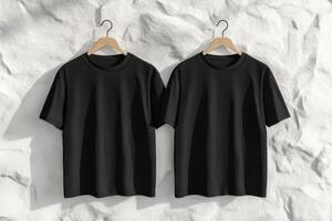 This elegant mockup showcases a classic black tshirt against a clean white wall, ideal for versatile design presentations featuring both front and back views, enhancing visual appeal photo