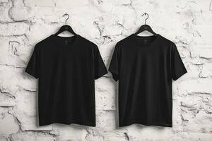 This stylish mockup showcases a selection of black blank tshirts, displayed both front and back, against a beautifully textured white wall. Its perfect for various versatile design applications photo