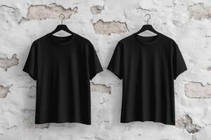 This mockup features a stylish black blank tshirt elegantly displayed against a clean white wall, perfectly showcasing both the front and back views for various design purposes and inspiration photo