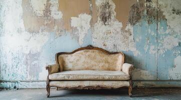 A wornout couch by a peeling wall evokes nostalgia, inviting reflection and reminding us of simpler times filled with treasured memories that shape our experiences over the years photo