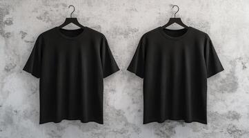 This is a stylish mockup of a sleek black blank tshirt that effectively showcases both front and back views, all set against a pristine white wall that is ideal for various design purposes photo