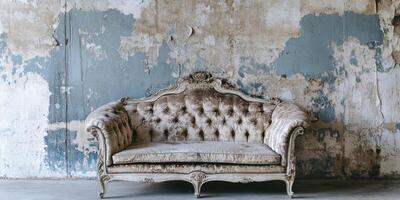 An elegantly adorned vintage couch, covered in luxurious fabric, is placed against a textured wall, evoking nostalgia and showcasing timeless elegance in a classic, inviting setting photo