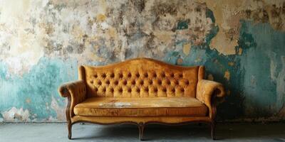 An old, elegant couch elegantly situated in a beautifully distressed setting, evoking deep feelings of nostalgia and a timeless sense of charm that captures the essence of historical decor photo