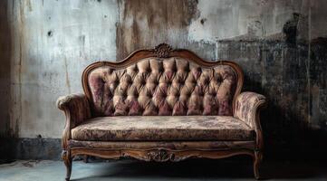 An old, beautifully ornate couch is elegantly set against a weathered backdrop, creating a deep sense of nostalgia and timeless elegance that transports viewers to another era of classic beauty photo