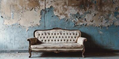 An old, tufted couch, worn and inviting, sits against a peeling blue wall, creating a feeling of nostalgia and rustic charm that lingers in this classic, abandoned setting filled with memories photo