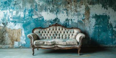 A vintage couch against a distressed blue wall evokes nostalgia and creates a warm, inviting atmosphere rich in character and timeless elegance that resonates with all who enter the room photo
