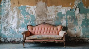 An old, tufted couch in a soft peach color is positioned against a beautifully distressed wall, evoking a profound sense of nostalgia intertwined with classic beauty and timeless charm photo