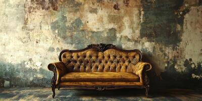 An old, beautifully tufted couch set against a weathered wall creates an atmosphere rich with nostalgia and charm, making it the perfect centerpiece in a timeless classic backdrop photo