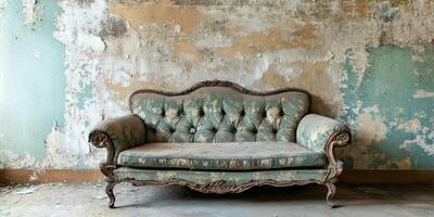 This vintage couch, thoughtfully placed against a nostalgic backdrop, brings forth cherished and treasured memories, embodying its worn fabric and timeless design that captivates everyone who sees it photo
