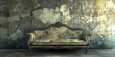 A vintage couch against a weathered wall evokes nostalgia and timeless beauty, surrounded by peeling paint and aged textures, enhancing its charm and creating a delightful ambiance photo