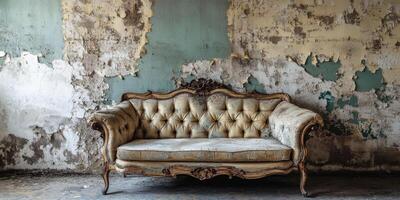 An old, tufted couch, adorned with rich textures and patterns, sits in a classic, decaying environment, evoking feelings of nostalgia and reflecting the passage of time in this unique space photo