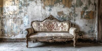 A beautifully crafted, oldfashioned couch with intricate detailing rests against a distressed wall, creating a warm, inviting atmosphere that evokes nostalgia and timeless elegance photo