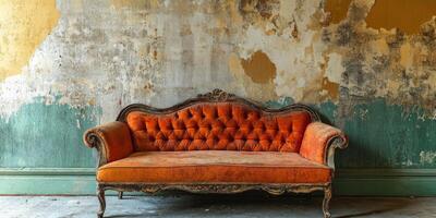 An ornate orange couch is elegantly placed against peeling walls, creating a charming and nostalgic atmosphere that beautifully transports one to a different time and place filled with memories photo