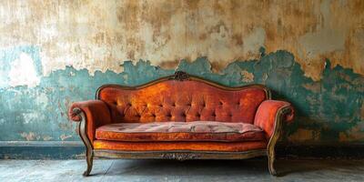 In a beautifully classic and nostalgic setting, there is an exquisite old couch that takes center stage, accompanied by a distressed wall that adds character, depth, and undeniable charm to the scene photo