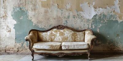 An old, elegant couch is beautifully set against a textured and peeling wall, creating a classic and nostalgic atmosphere that is perfect for showcasing vintage decor and enhancing the homes charm photo
