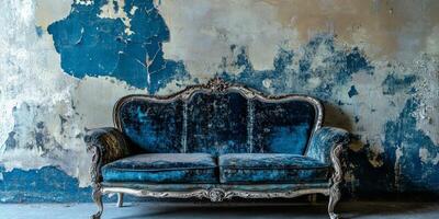 A wellworn blue couch draped in soft fabric rests against a weathered wall, creating a cozy atmosphere that invites relaxation and warmth, welcoming all who enter to feel at home photo