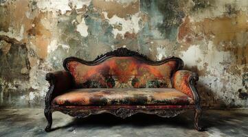 A beautifully vintage couch stands elegantly against a weathered, rustic backdrop, evoking a sense of nostalgia and timeless elegance that truly captivates the viewers imagination and admiration photo