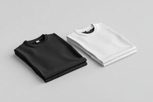 This stylish mockup showcases a carefully stacked arrangement of folded black and white tshirts. It serves as an ideal platform for presenting and promoting your creative apparel designs effectively photo
